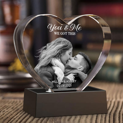 Couple 3D Upload Photo Premium Crystal Heart LED, Personalized Heart Crystal With LED Base Optional, Perfect Valentine's Gift For Couple, For Him, For Her, Free Delivery