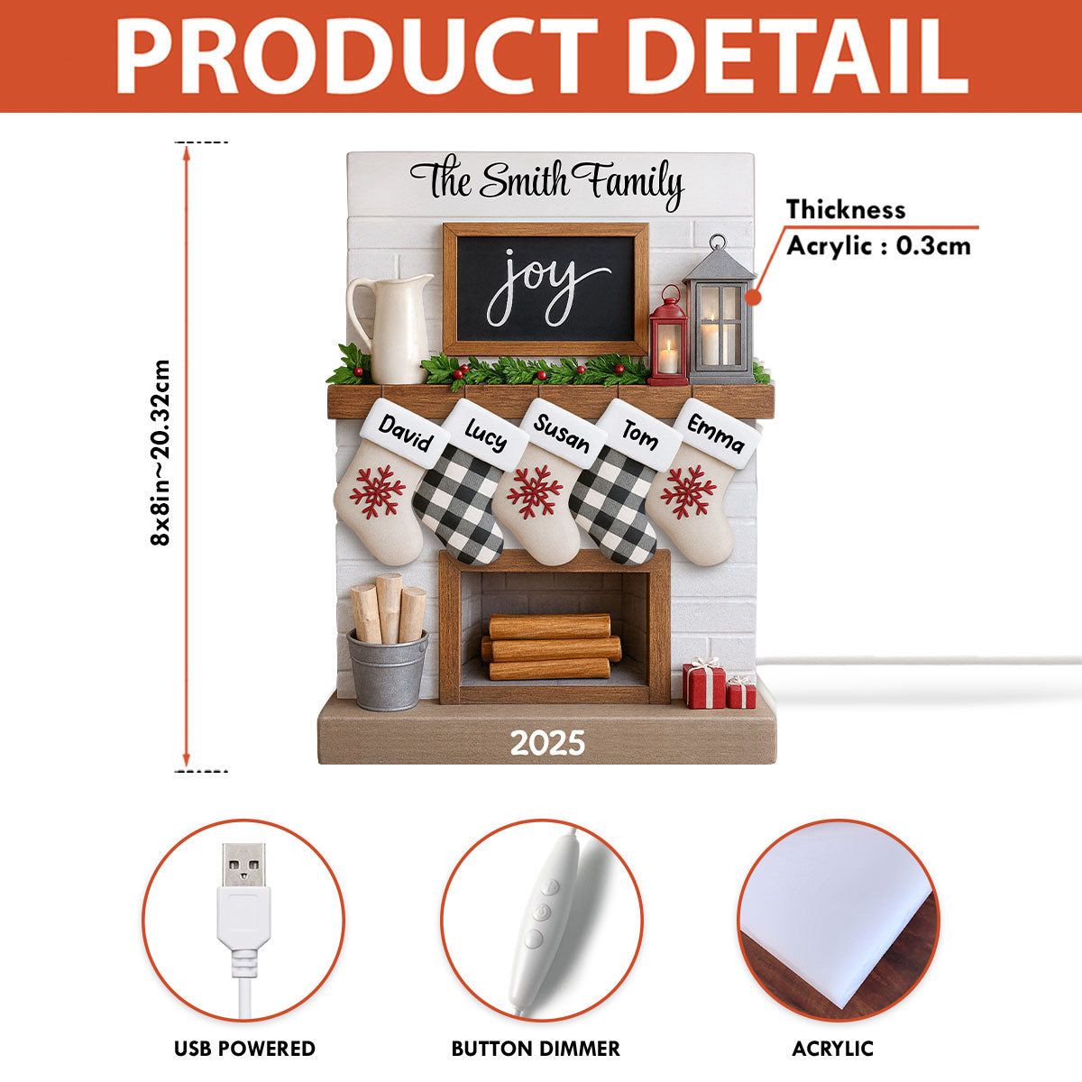 2025 Large Family Fireplace Mantle Tree Home Stocking Stuffer Christmas Gift Personalized LED Light Box