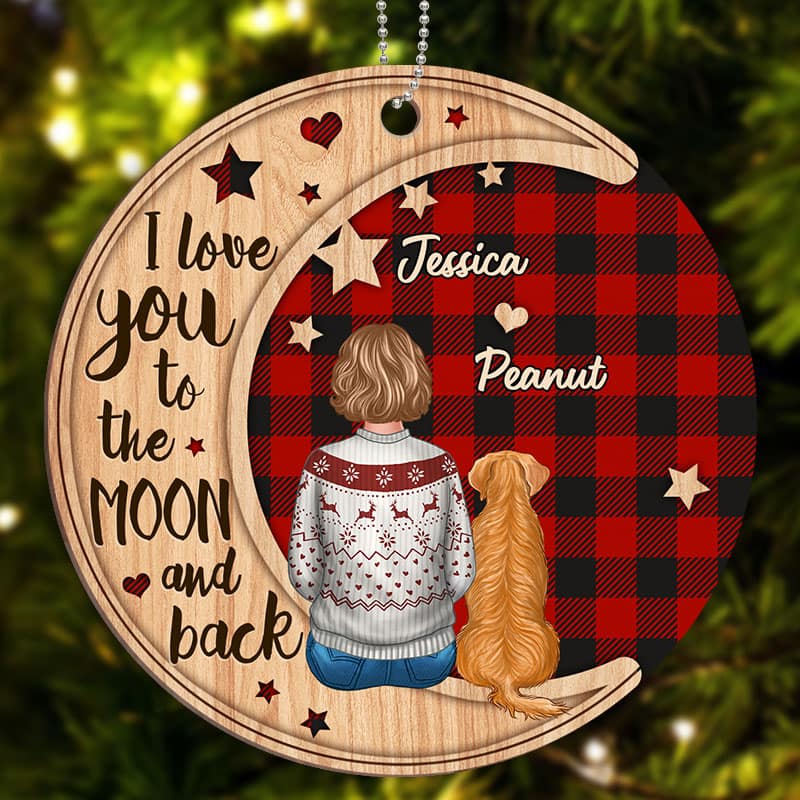 Checkered Pattern Woman Sitting With Dogs Personalized Wooden Ornament