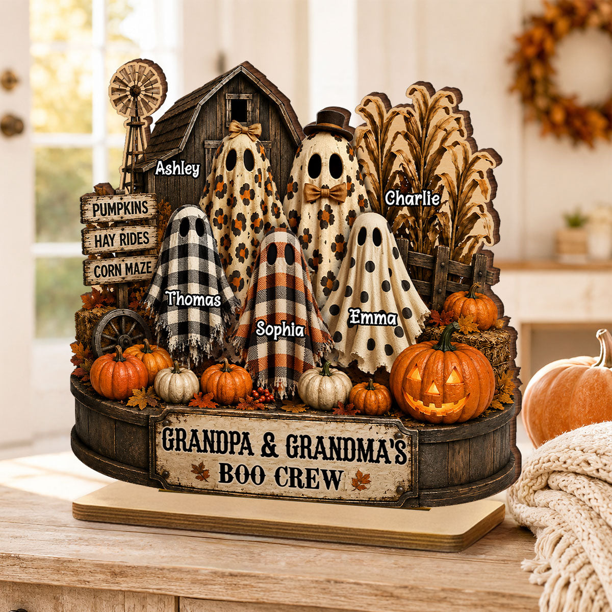 Grandma Grandpa's Boo Crew Pumpkin Patch - Personalized 2-Layered Wooden Plaque - Halloween Fall Decor for Grandparents