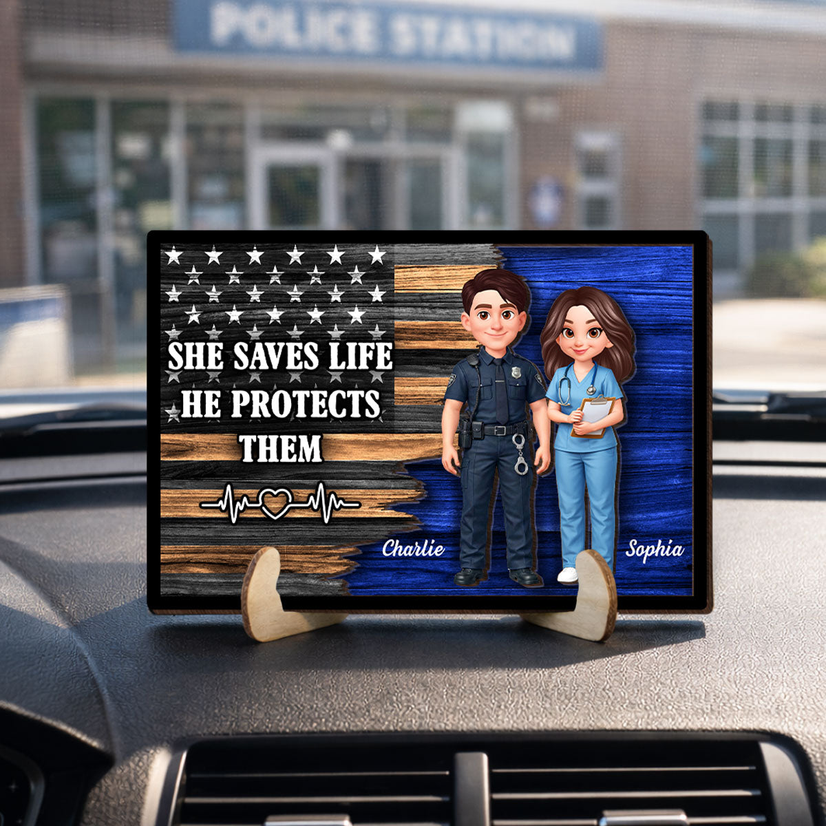 Custom Hero Couple Thin Blue Line Nation Flag - Personalized 2-Layered Wooden Plaque - Heartfelt Gift for Him, for Her