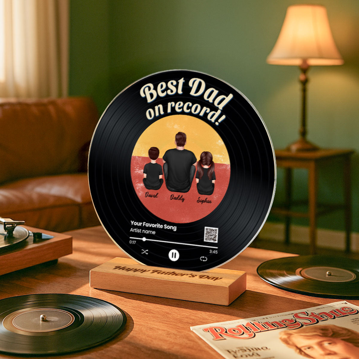 Retro Best Dad On Record Favorite Song Scannable QR Code Personalized Acrylic Record Plaque, Father's Day Gift For Dad