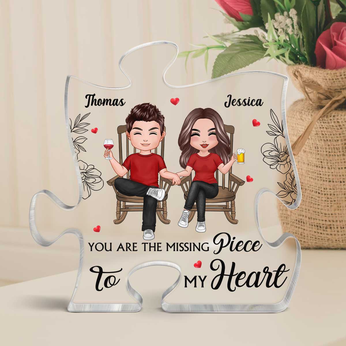 Doll Couple Sitting Front View Personalized Puzzle Acrylic Plaque - Gift For Him Gift For Her