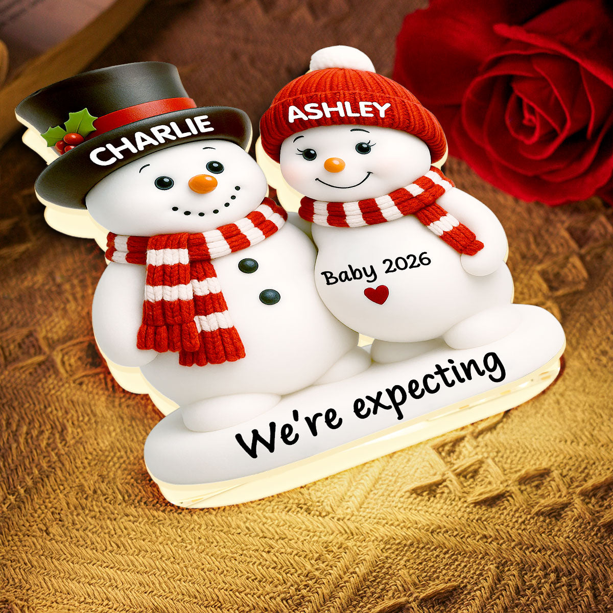 Christmas Snowman Couple Parents We're Expecting Pregnancy Baby Arriving - Personalized Light Box