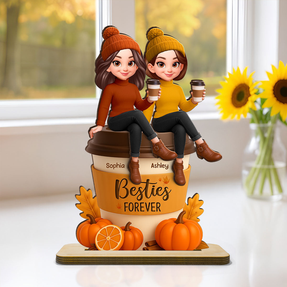 Fall Season Besties Sitting On Pumpkin Spice Latte Personalized Standing Wooden Plaque
