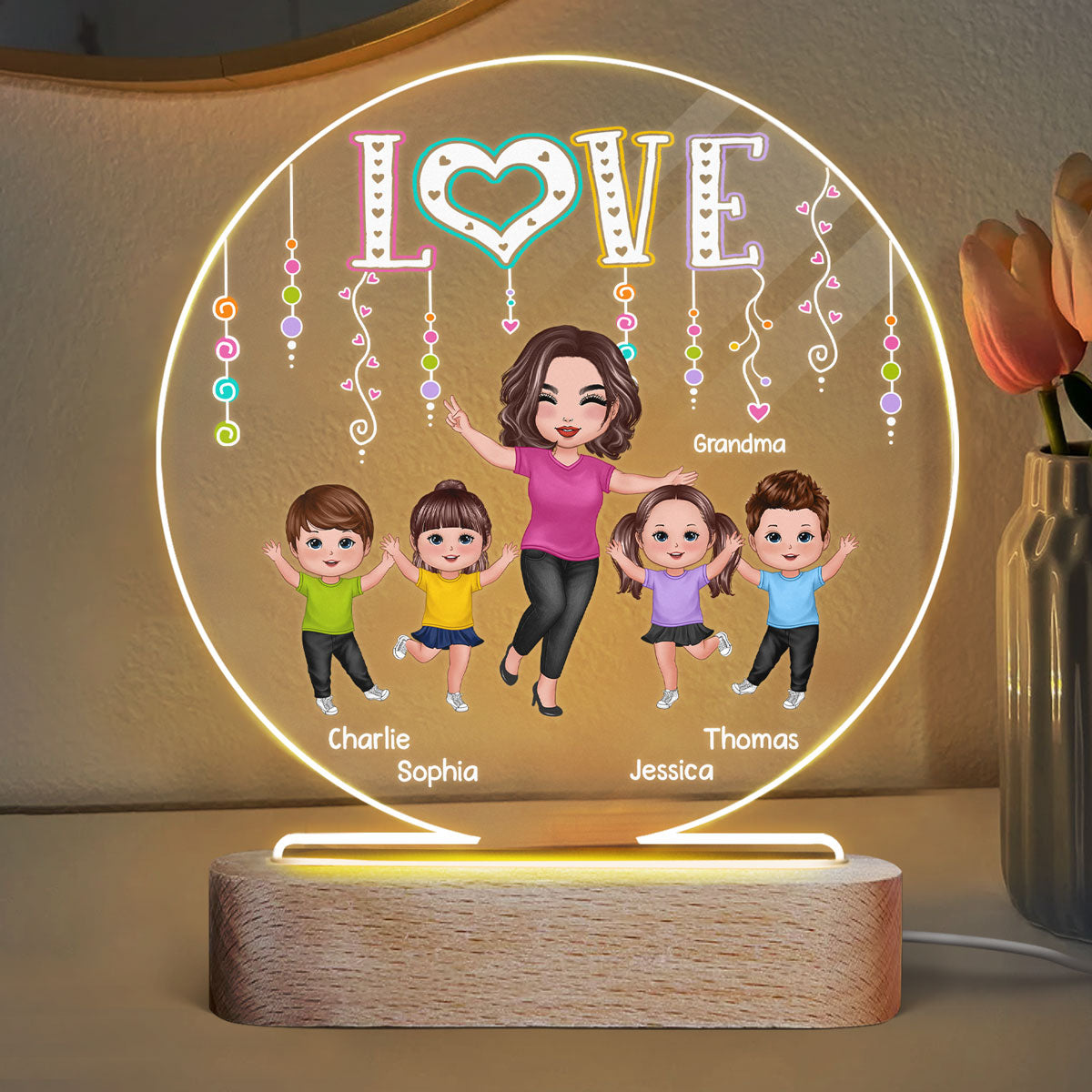 LOVE Happy Doll Grandma Mom With Kids Personalized Circle Acrylic Plaque LED Night Light