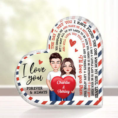 The Day I Met You Couple Holding Heart Envelope Frame Personalized Heart Shape Acrylic Plaque