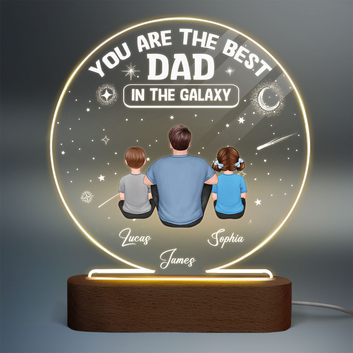 Best Dad In The Galaxy Back View Man Sitting With Kids Dogs Cats Personalized Personalized Circle Acrylic Plaque LED Night Light