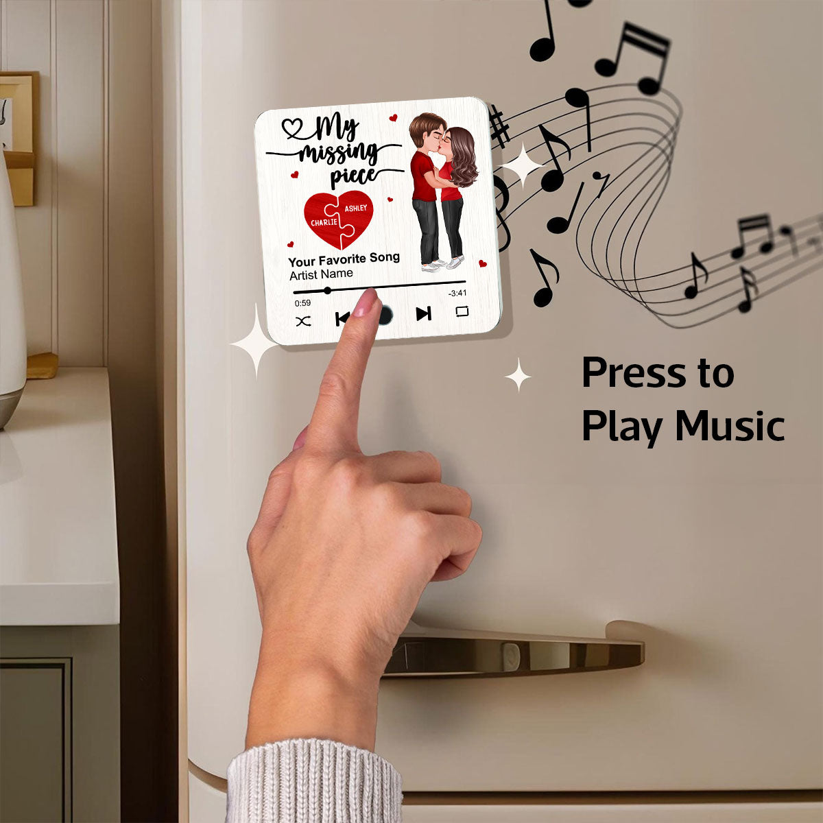 My Missing Piece Couple Kissing Favorite Song Personalized Music Fridge Magnet, Valentine‘s Day Gift For Her Gift For Him