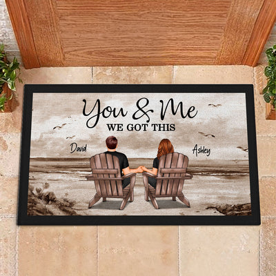 Retro Vintage Back View Couple Sitting Beach Landscape Personalized Doormat