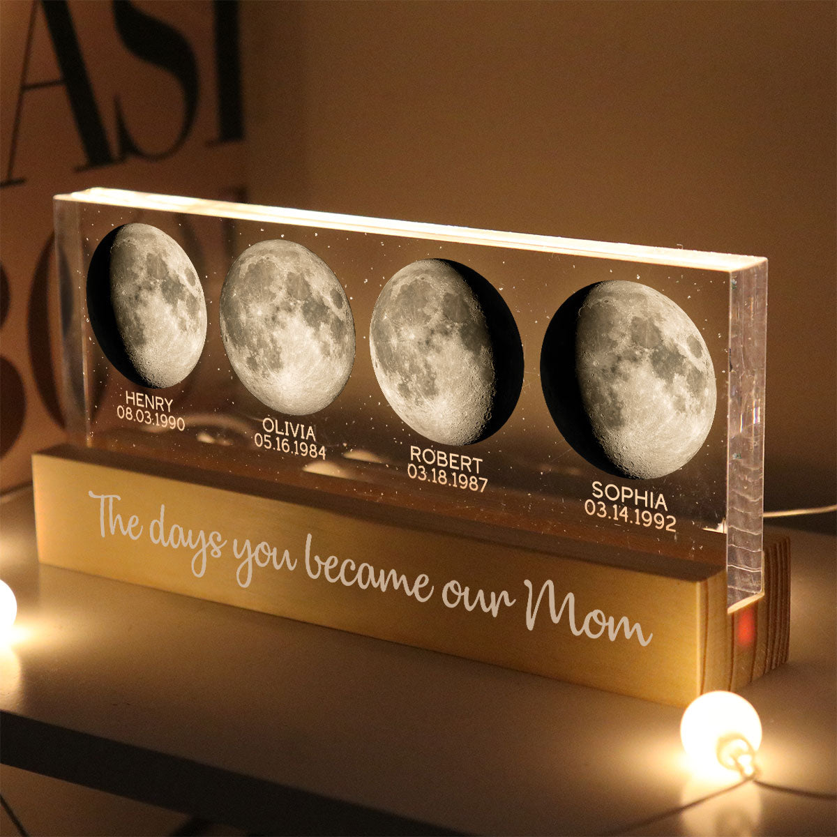 Custom Birth Moon Phase The Day You Become My Mom Personalized Acrylic Block LED Night Light, Gift