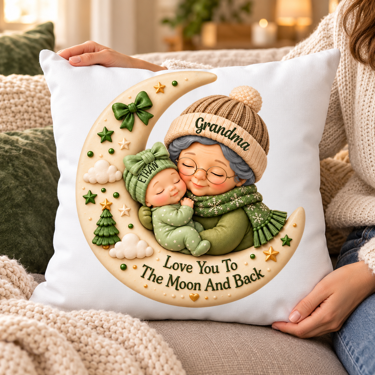 First Christmas as Grandma Love to the Moon and Back - Personalized Pillow - Christmas Gift for Grandma