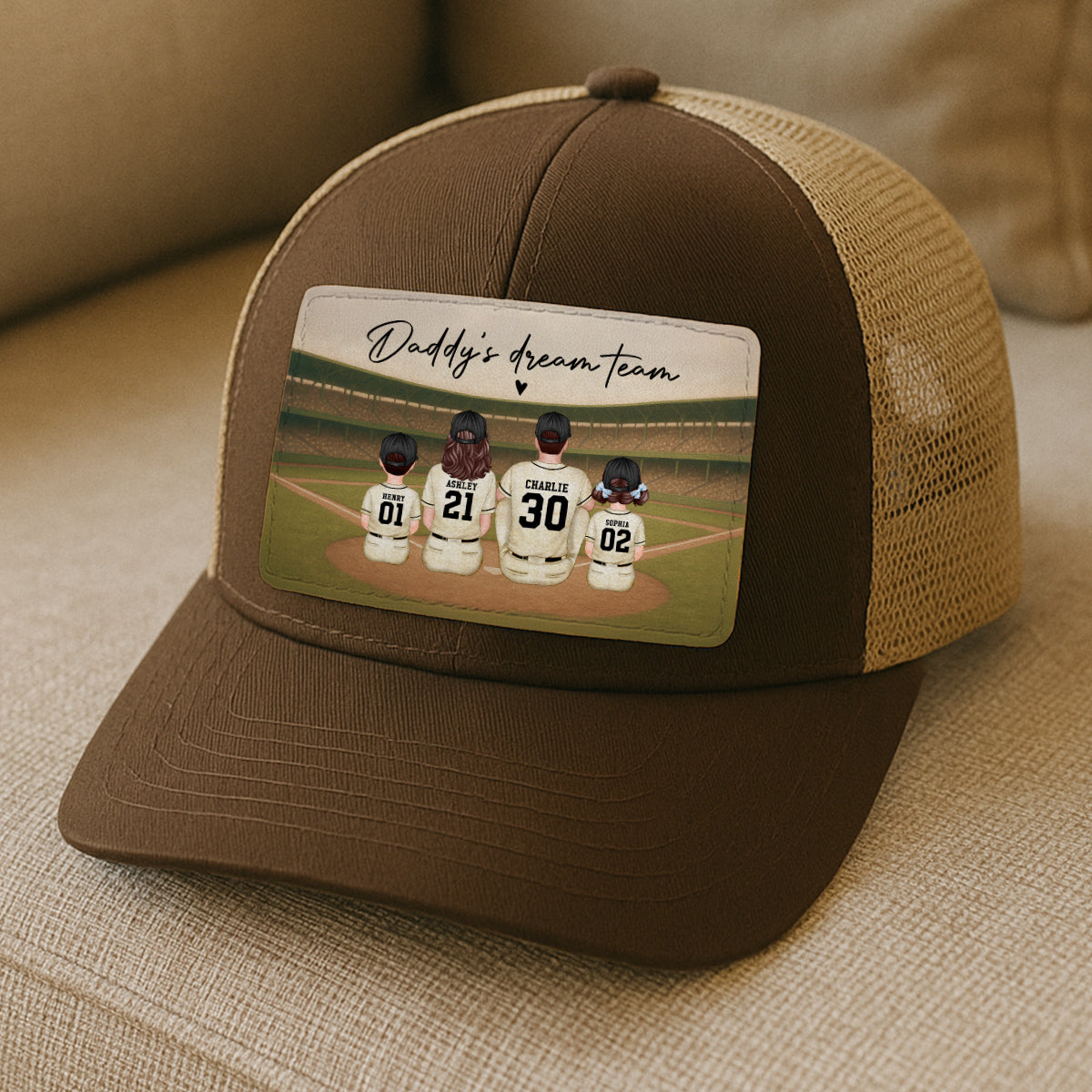 Retro Vintage Baseball Daddy's Dream Team Personalized Leather Patch Hat, Gift For Dad