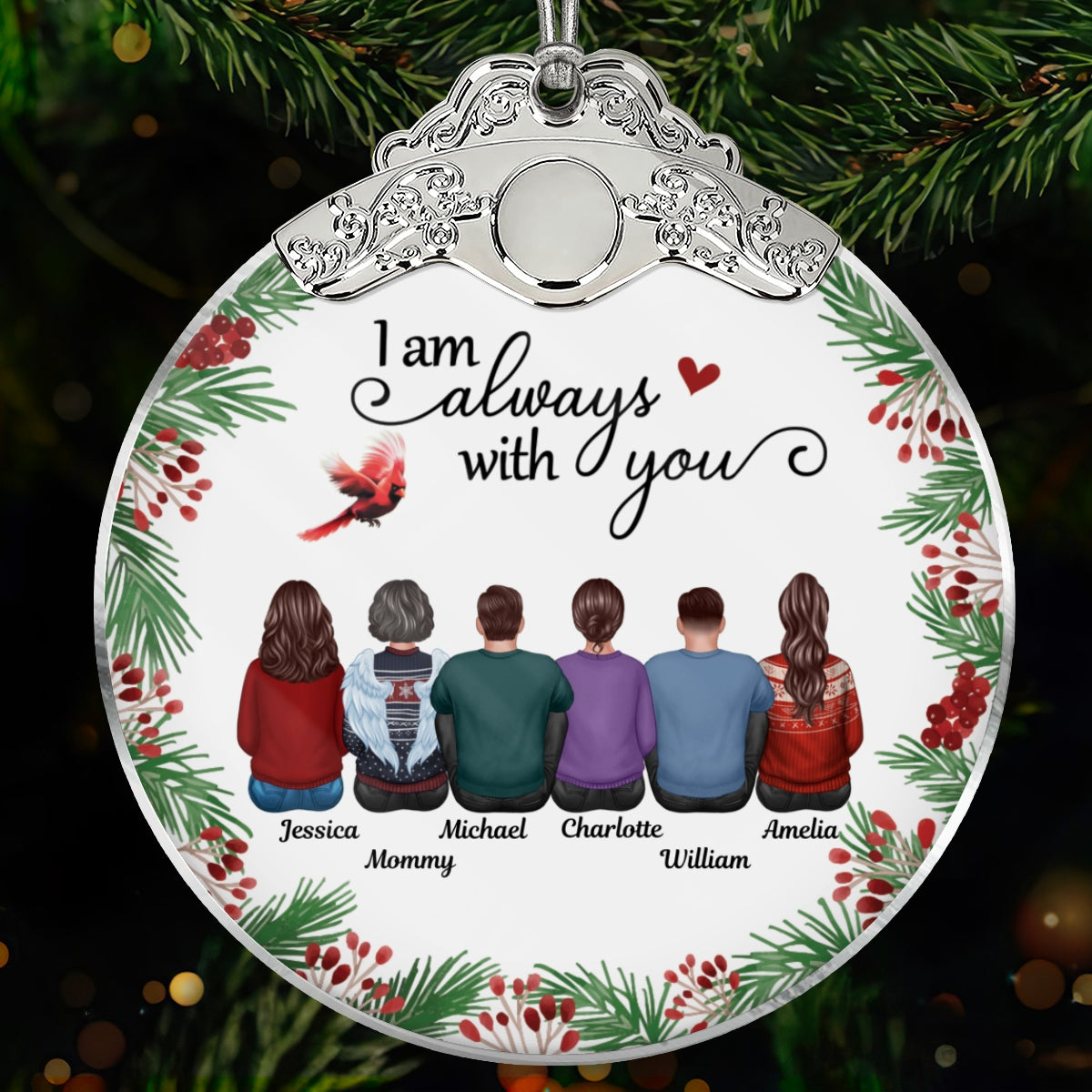 Holly Branch Always With You - Personalized Glass Ornament With Silver Cap - Christmas Memorial Keepsake For Family
