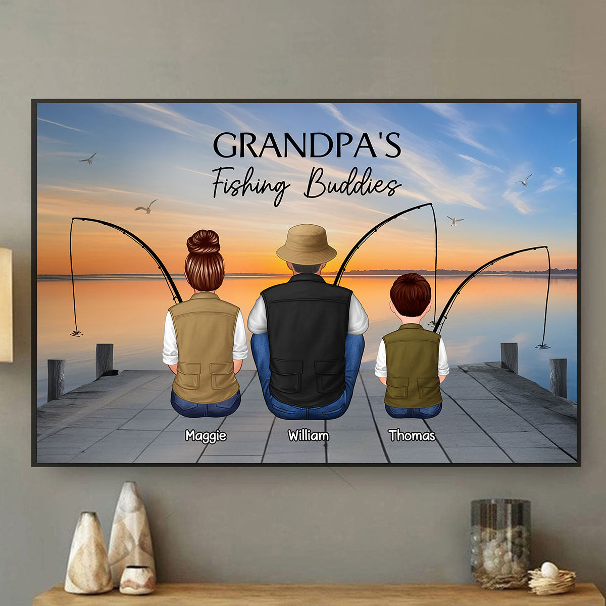 Fishing Dad Grandpa Kids Family Back View Personalized Poster
