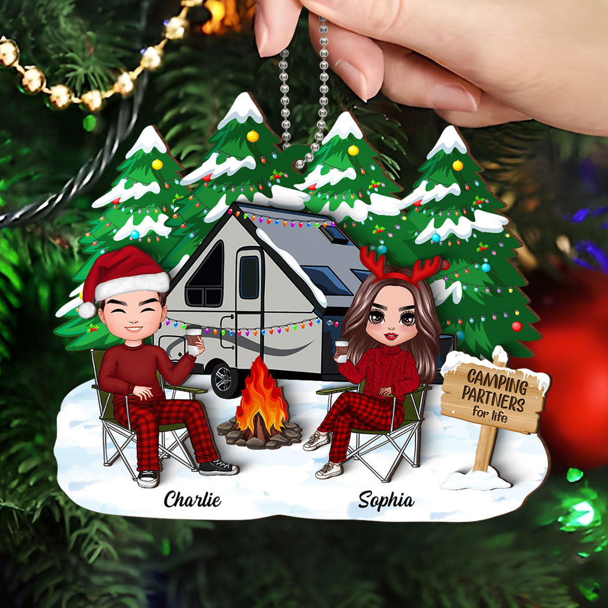 Camping Couple Christmas Personalized 2-Layer Wooden Ornament