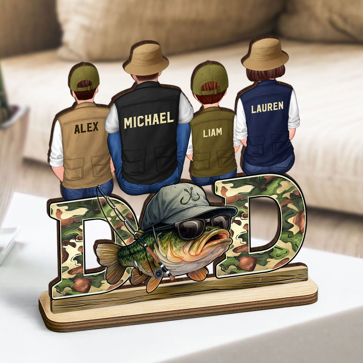 Fishing Dad And Kids Personalized 2-Layer Standing Wooden Plaque, Father’s Day gift for Dad, for Husband