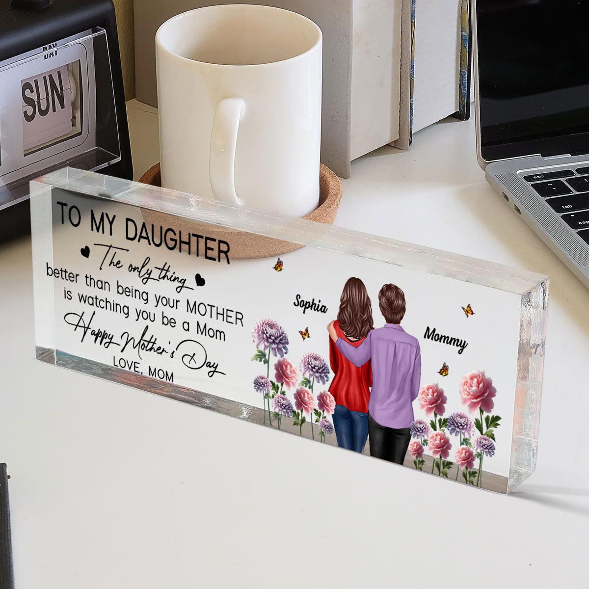 To My Daughter From Mom Happy Mother's Day Birth Flower Personalized Desk Block, Gift For Daughter