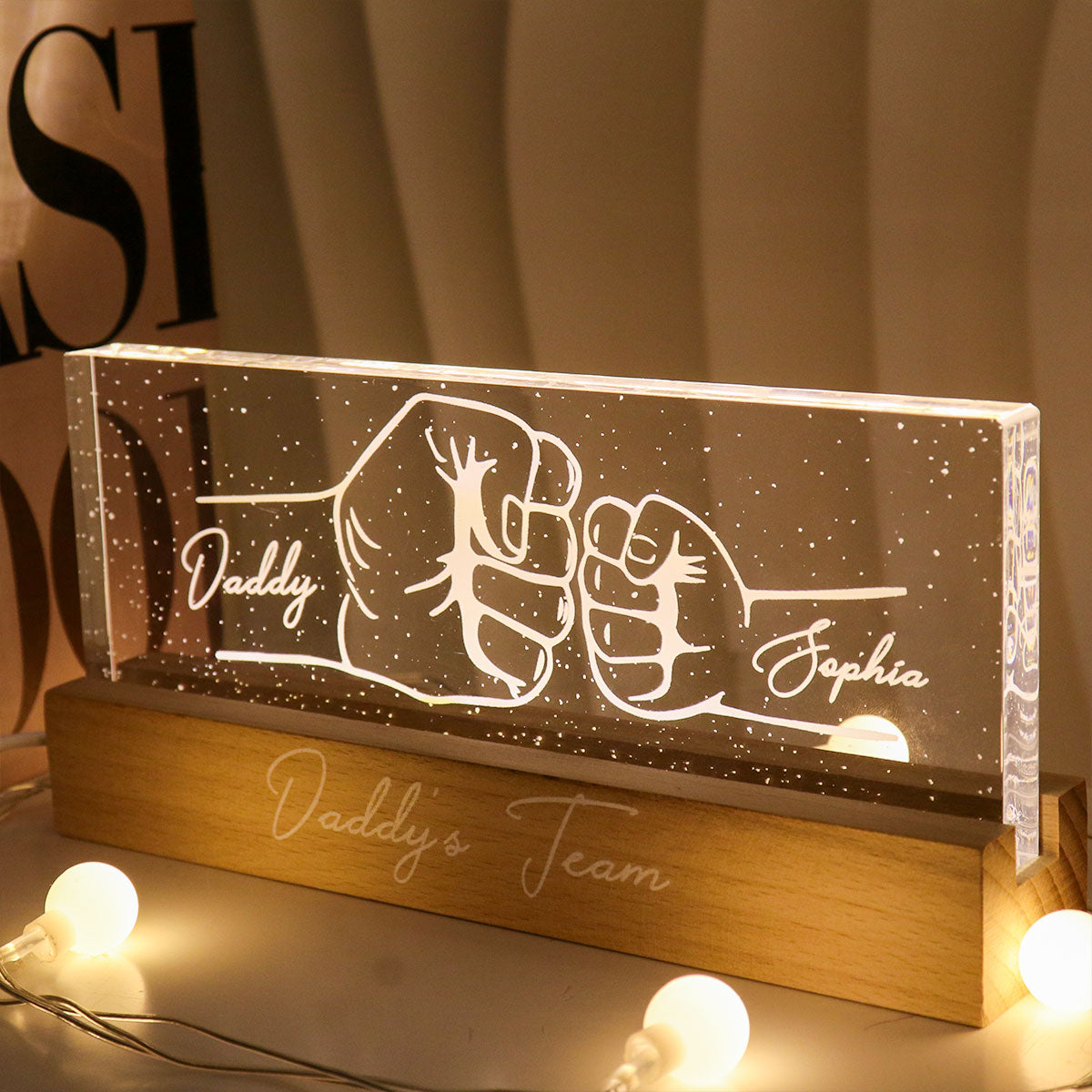 Dad Grandpa And Kids Fist Bump Outline Personalized Acrylic LED Night Light, Unique Father's Day Gift for Dad, Gift for Husband