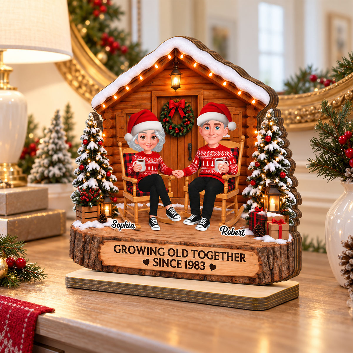 Eternal Love Couple Growing Old Together Wood Cabin House - Personalized 2-Layered Wooden Plaque - Christmas Gift, Anniversary Gift For Couple, For Him, For Her, Christmas Tabletop Decor