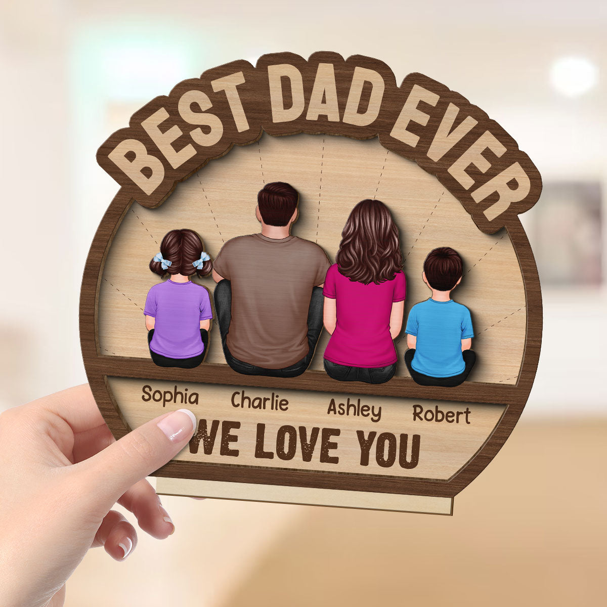 Best Dad Ever Man & Kids Back View Personalized 2-Layer Standing Wooden Plaque