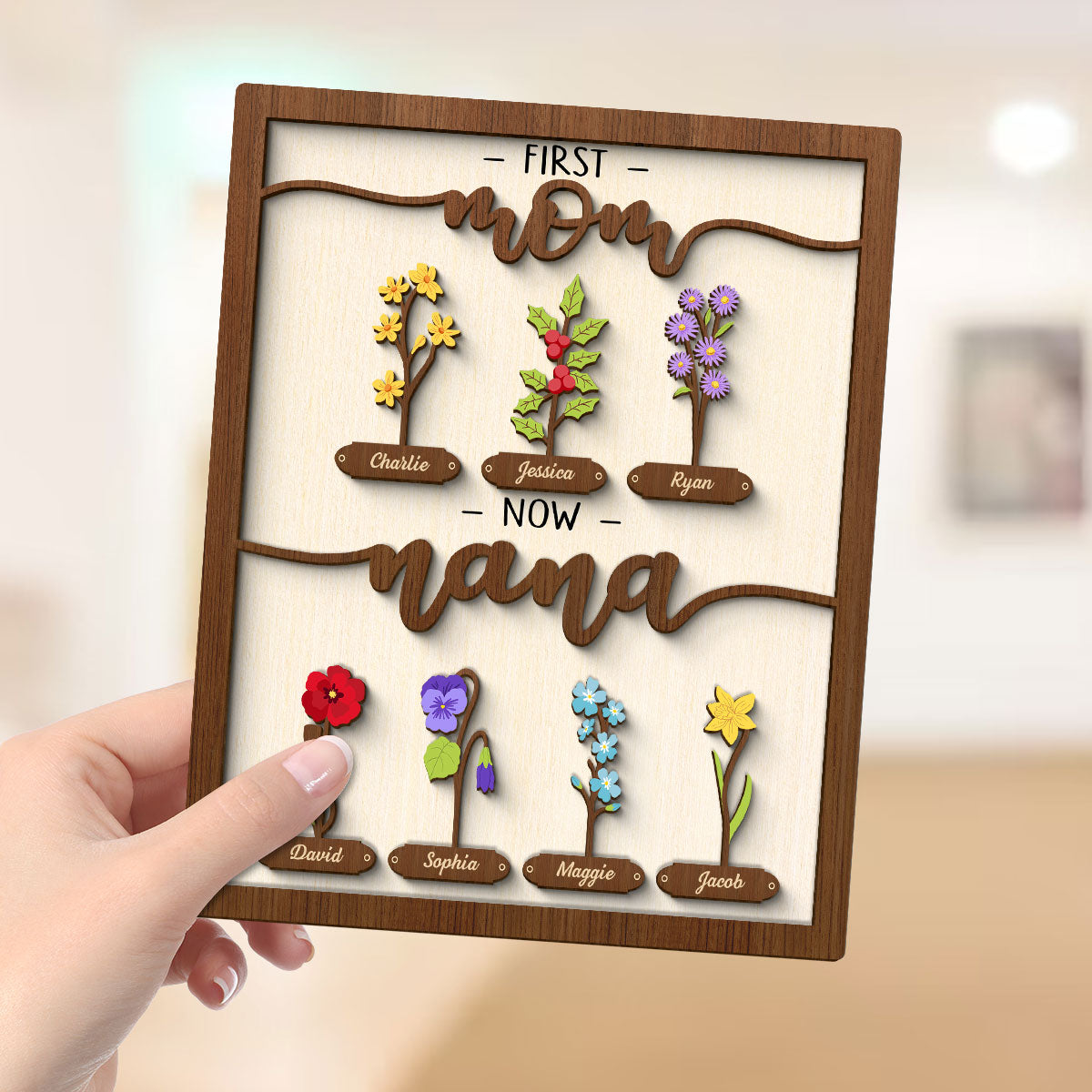 First Mom Now Grandma Simple Birth Month Flowers Personalized 2-layer Wooden Plaque