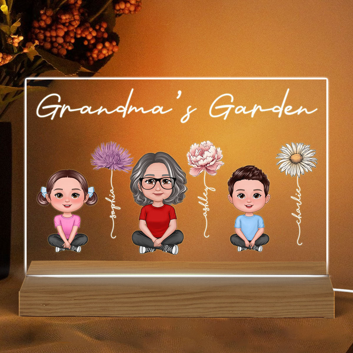 Grandma Grandkids Sitting Crossed Legs Birth Month Flowers Mother‘s Day Gift Personalized Warm Acrylic Plaque LED Night Light