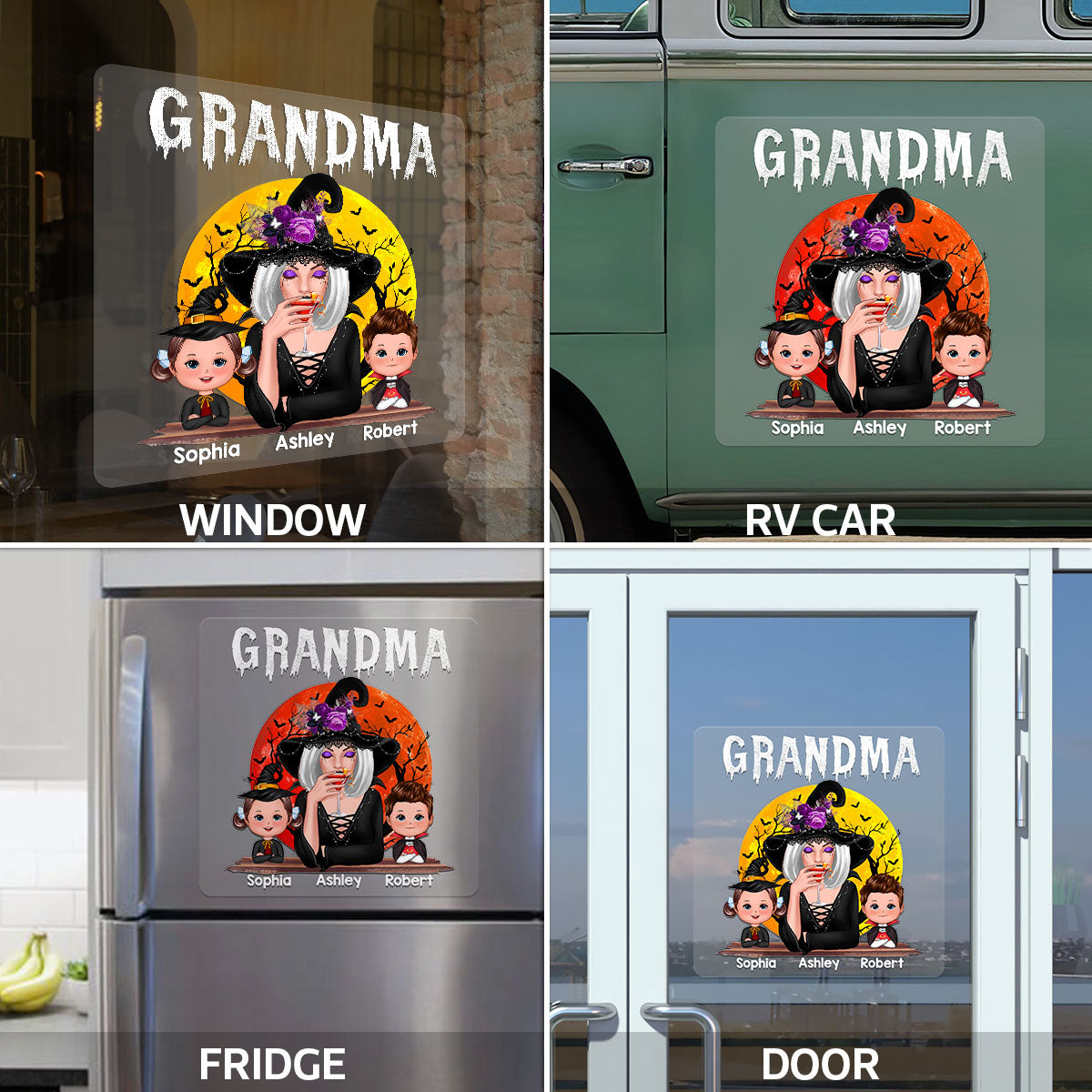 Halloween Moon Grandma Mom Witch With GrandKids Personalized Decal, Halloween Decoration