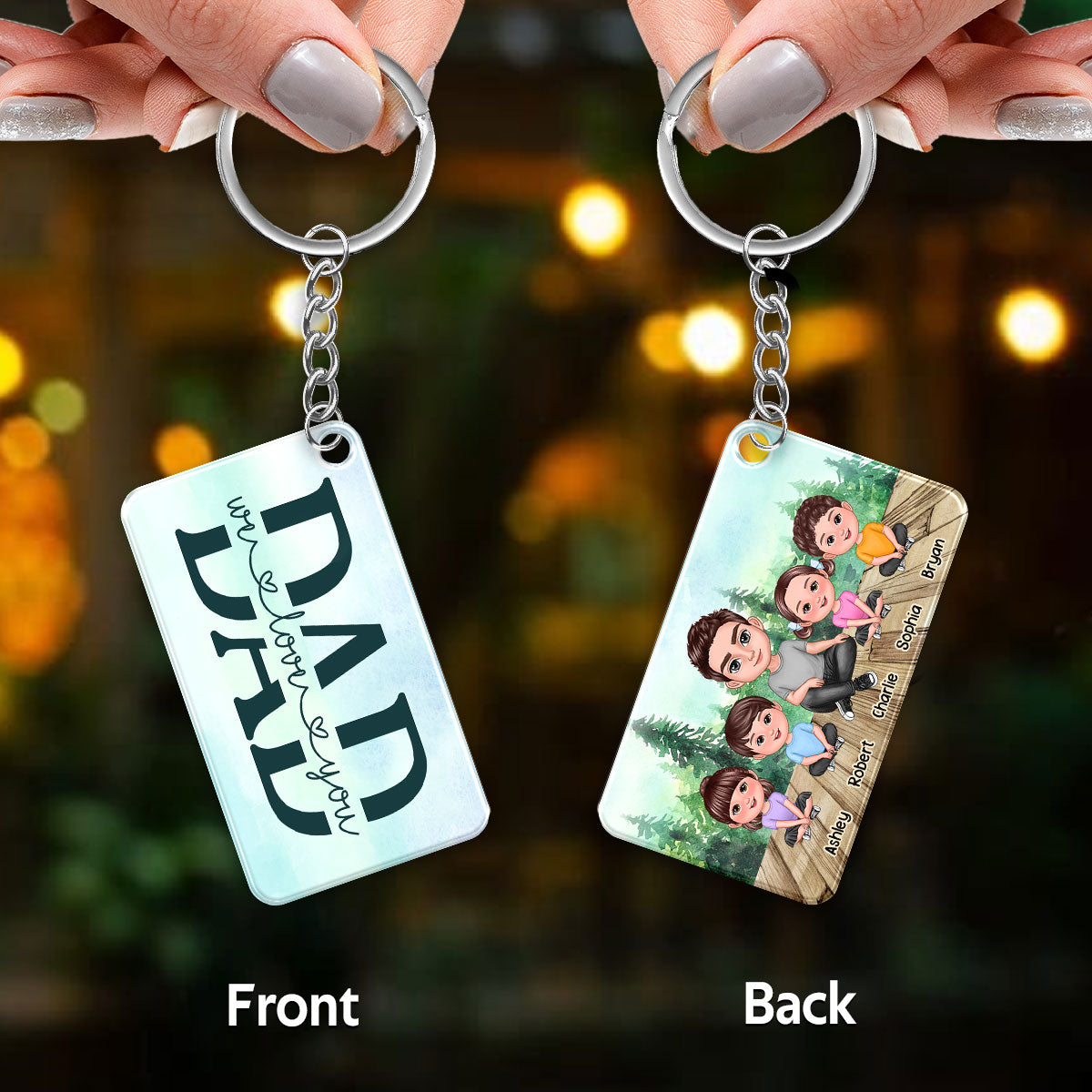 Dad Doll Sitting Man & Kids Forest Personalized Acrylic Keychain