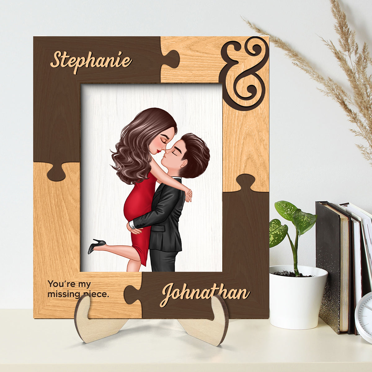 Puzzle Frame Couple Hugging Kissing Personalized 2-layer Wooden Plaque