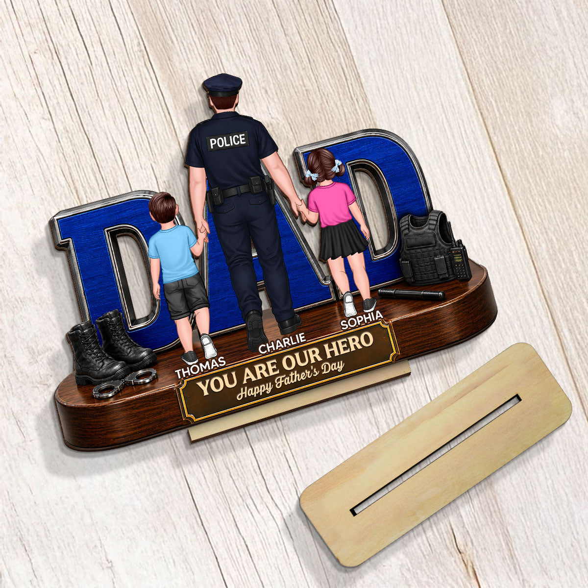 Proud American Police Dad You Are Our Hero - Personalized 2-Layered Wooden Plaque - Unique Trending Father's Day Gift For Dad, Husband