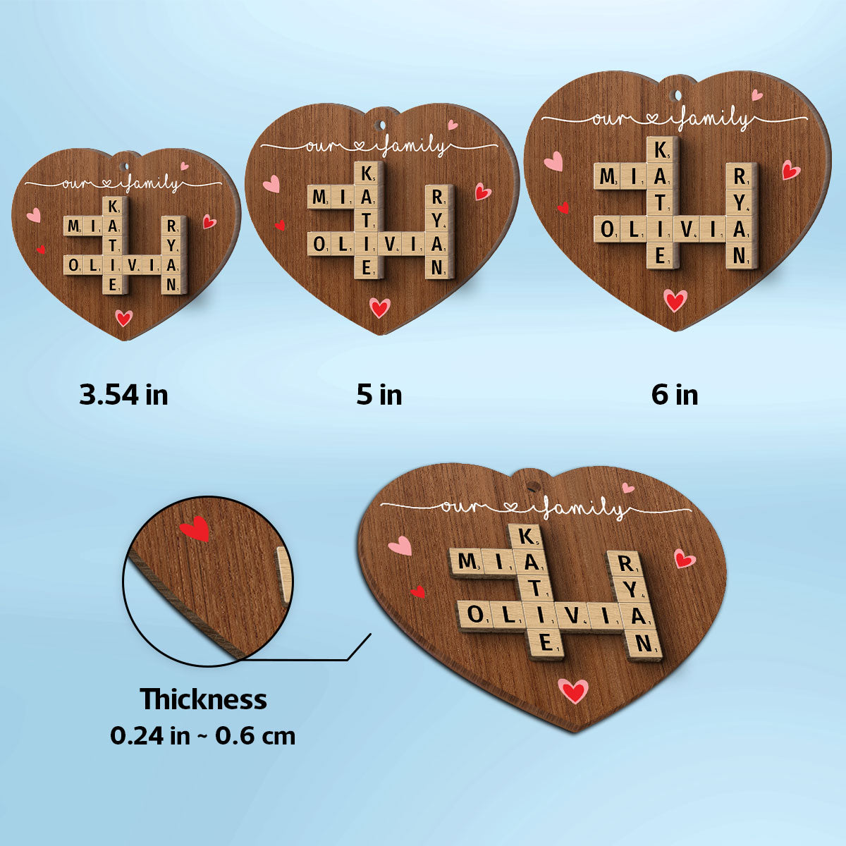 Family Crossword Puzzle Art Personalized Heart Shaped 2-Layer Wooden Ornament