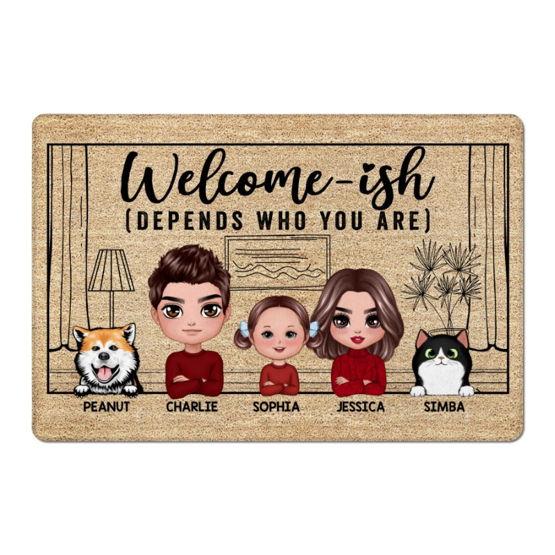 Doll Family Dad Mom Kids Dogs Cats Welcome-ish Personalized Doormat