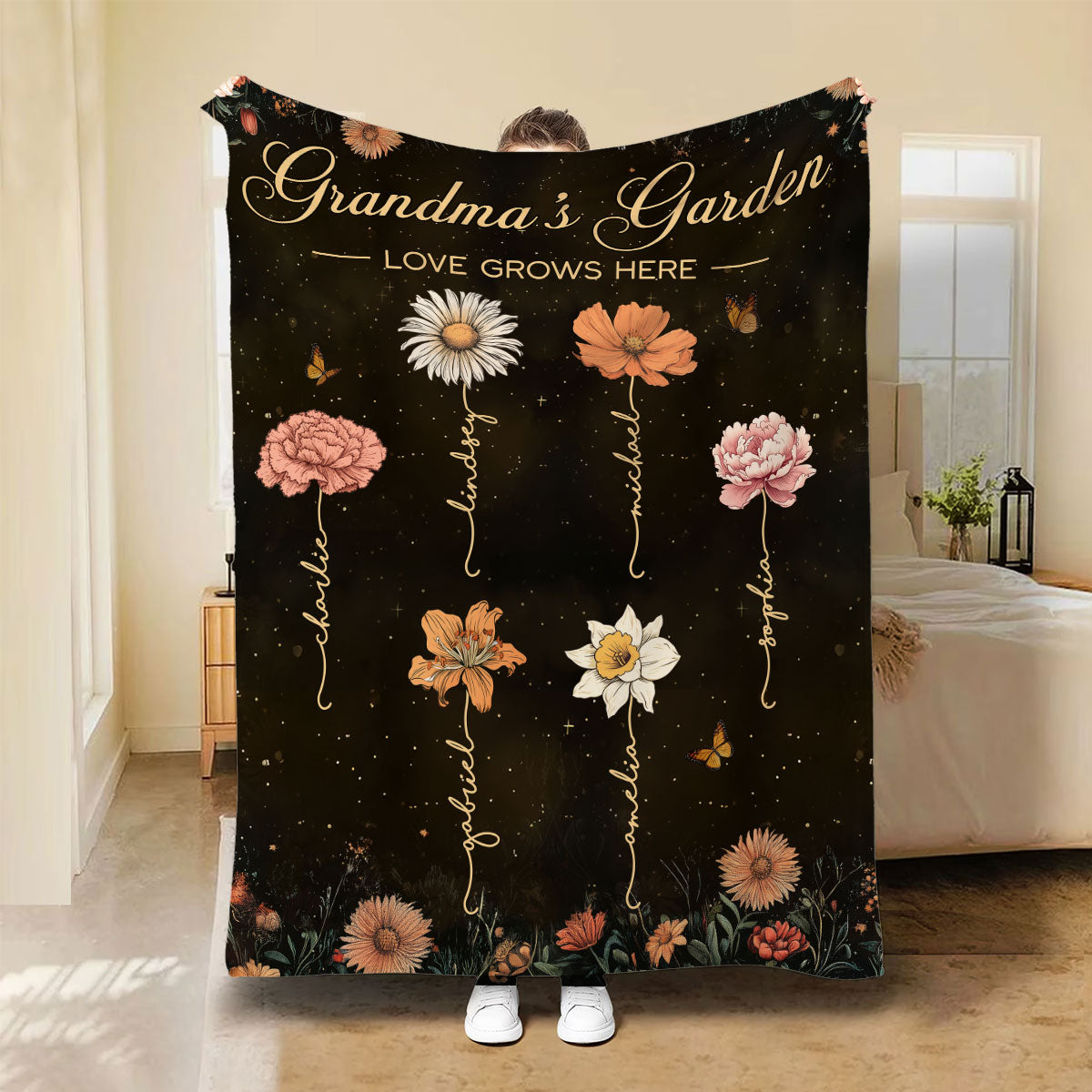 Grandma's Garden Vintage Birth Month Flower Personalized Fleece Blanket, Gift For Grandma