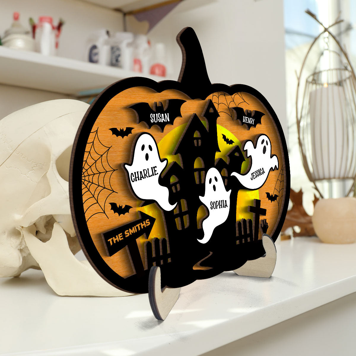 Halloween Boo Family Pumpkin Shaped Personalized 2 Layer Wooden Plaque