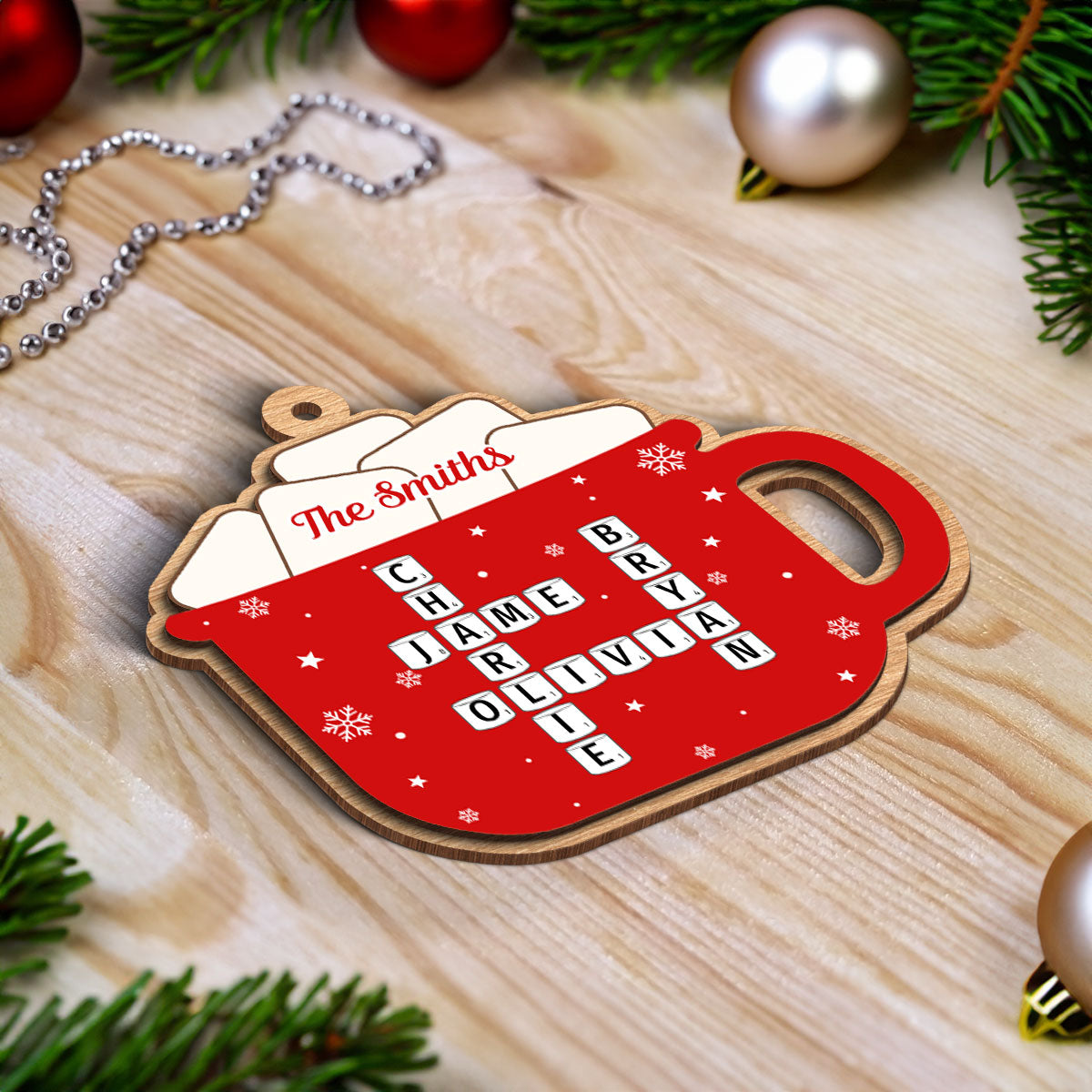 Hot Cocoa Christmas Family Marshmallows Personalized 2-Layer Wooden Ornament