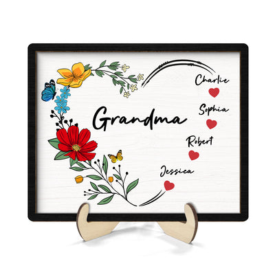 Grandma Mom Hearts Flower Kids Names Personalized 2-layer Wooden Plaque