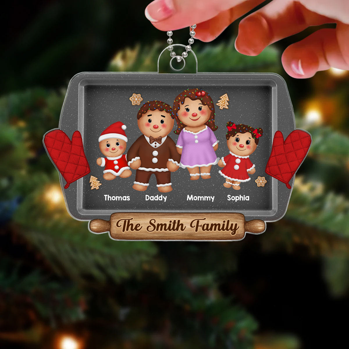 Gingerbread Cookie Family On Baking Tray Christmas Gift Personalized Acrylic Ornament