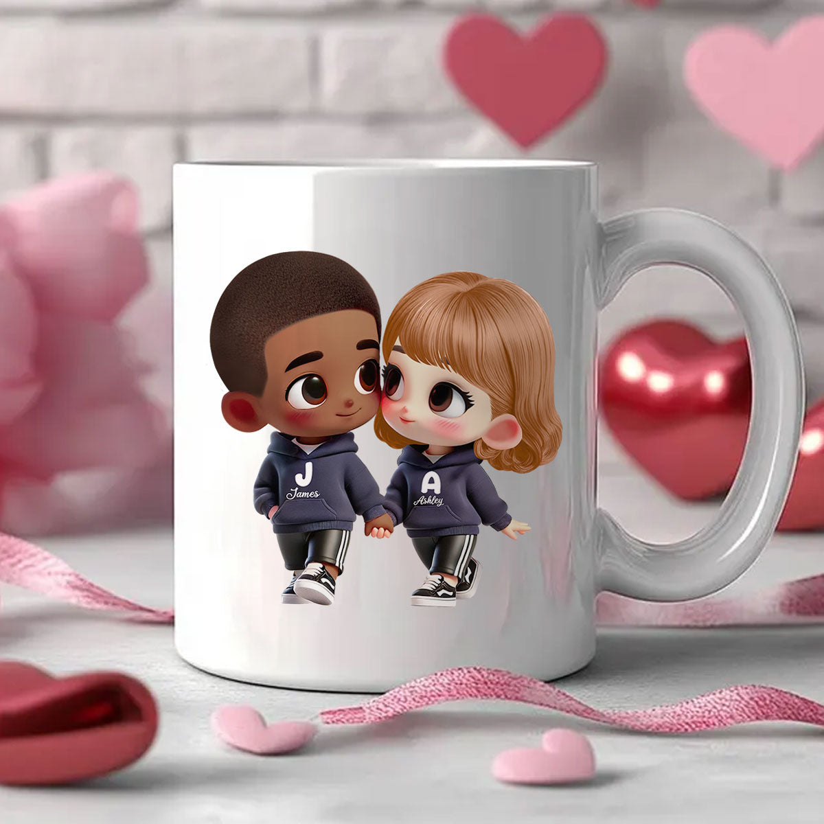 3D Effect Cute Cartoon Couple Holding Hands Personalized Mug, Anniversary &  Gift for him, Gift for her