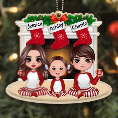 Pajamas Doll Family Sitting At Fireplace Personalized Wooden Ornament