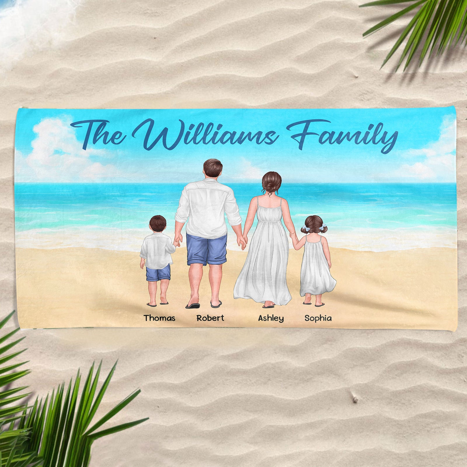 Summer Family Walking Back View Personalized Horizontal Beach Towel
