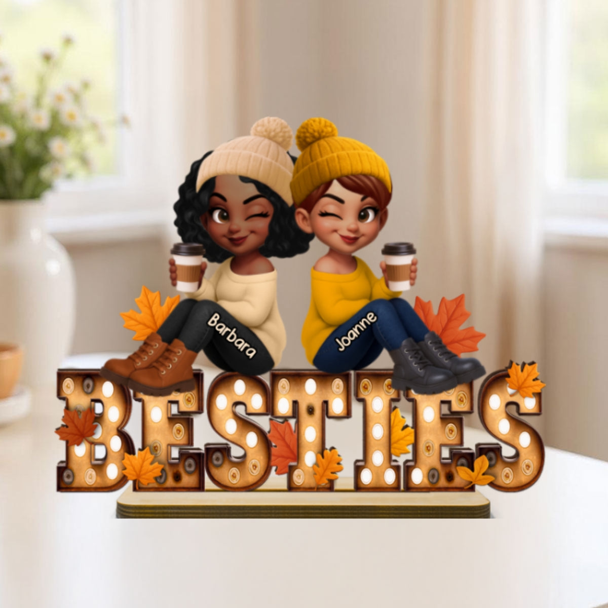 Fall Besties Sitting On Text Marquee Effect Personalized Standing Wooden Plaque, Meaningful Gift For Best Friends