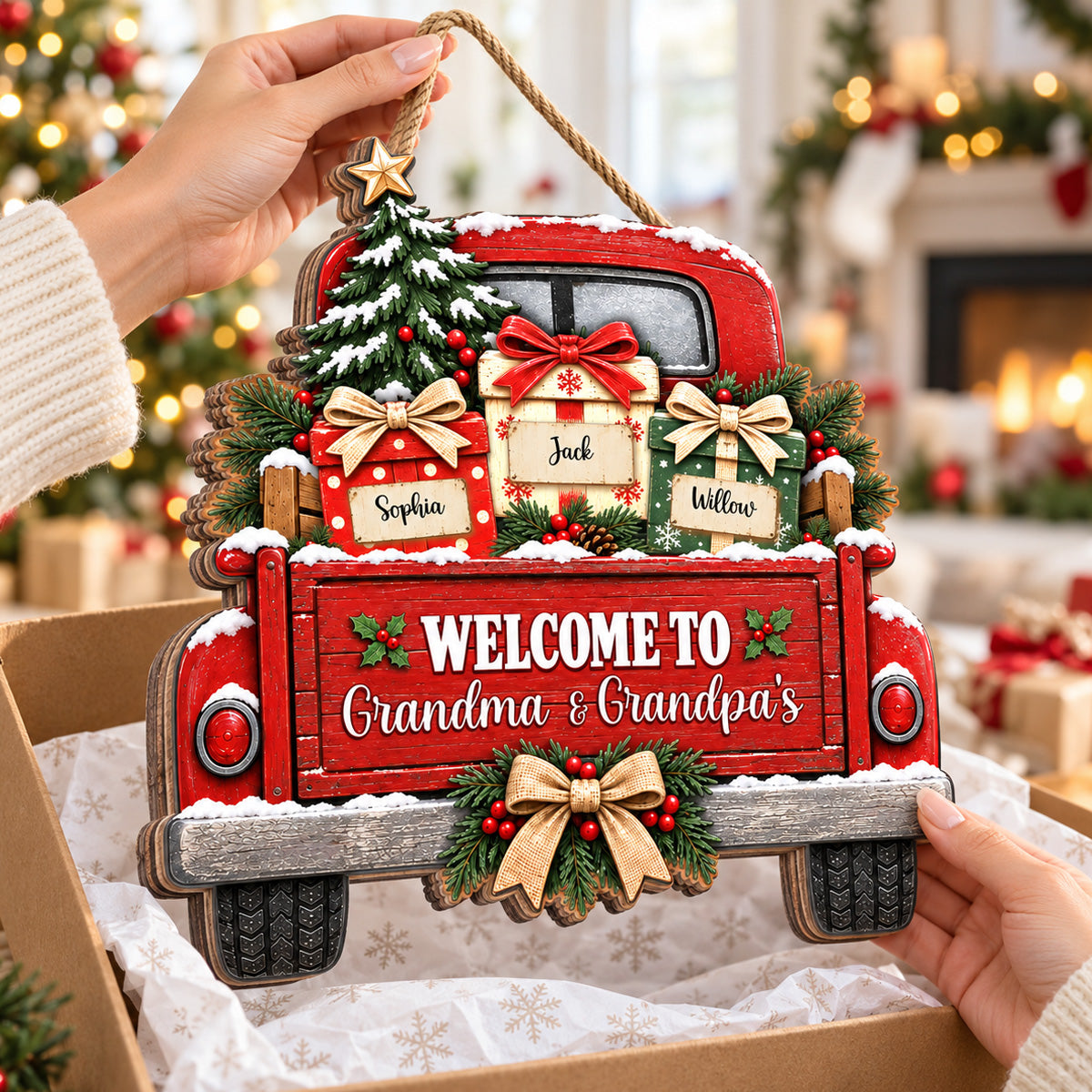 Welcome To Grandma Grandpa's House Christmas Truck 2D Flat Printed - Personalized Wood Sign - Christmas Decor For Grandparents