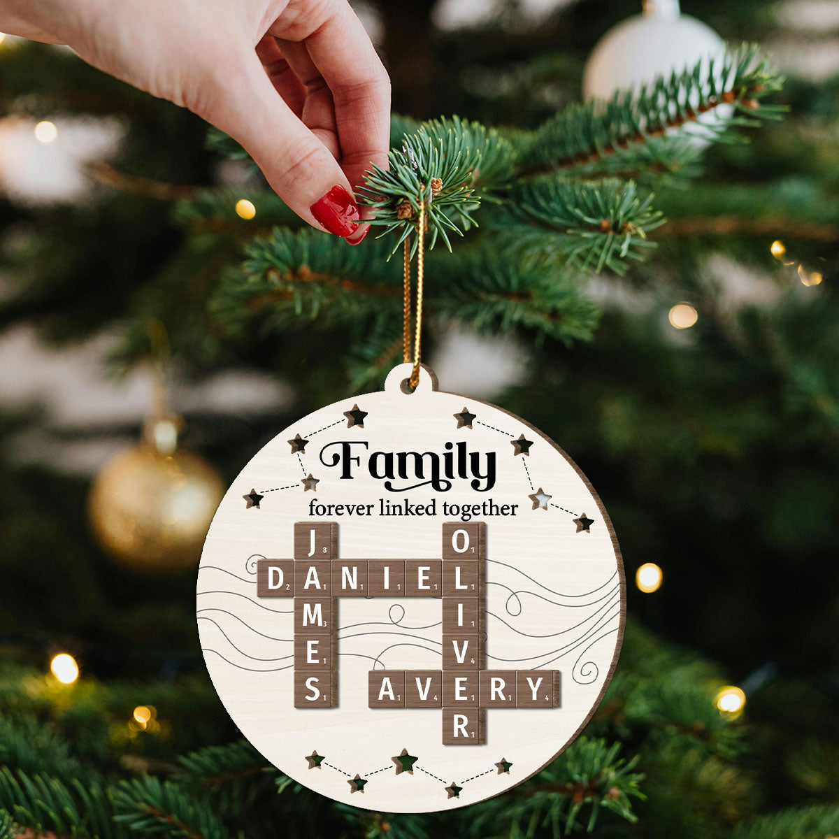 Family Forever Linked Together Puzzle Crossword Personalized 2-Layer Wooden Ornament, Christmas Gift For Family