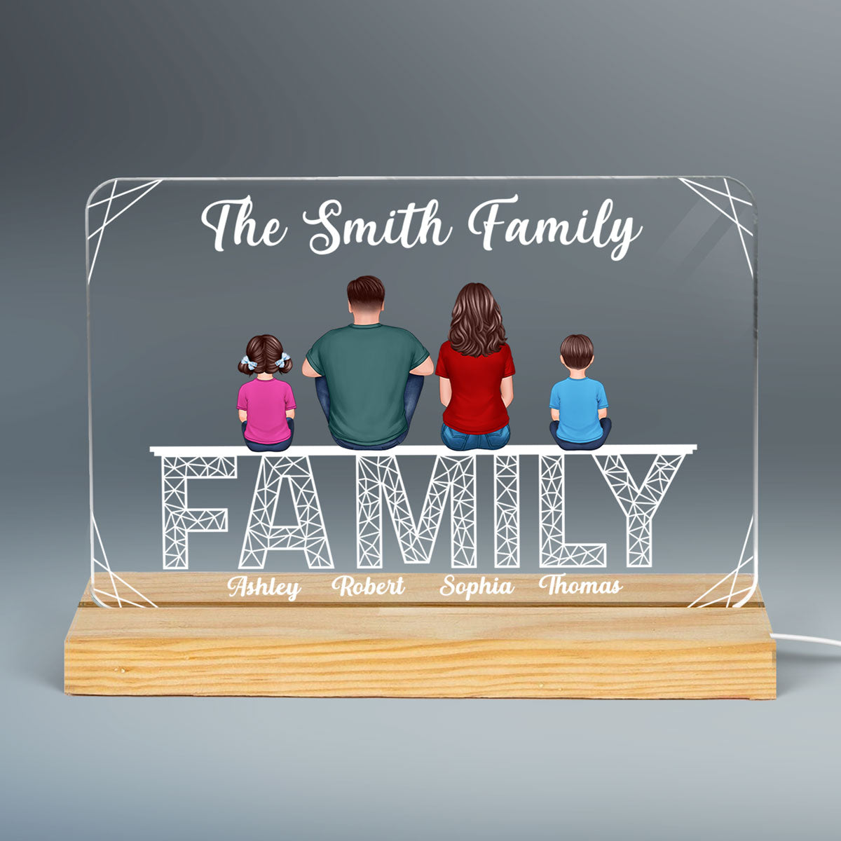 Family Sitting On Polygon Word Personalized Custom Shape LED