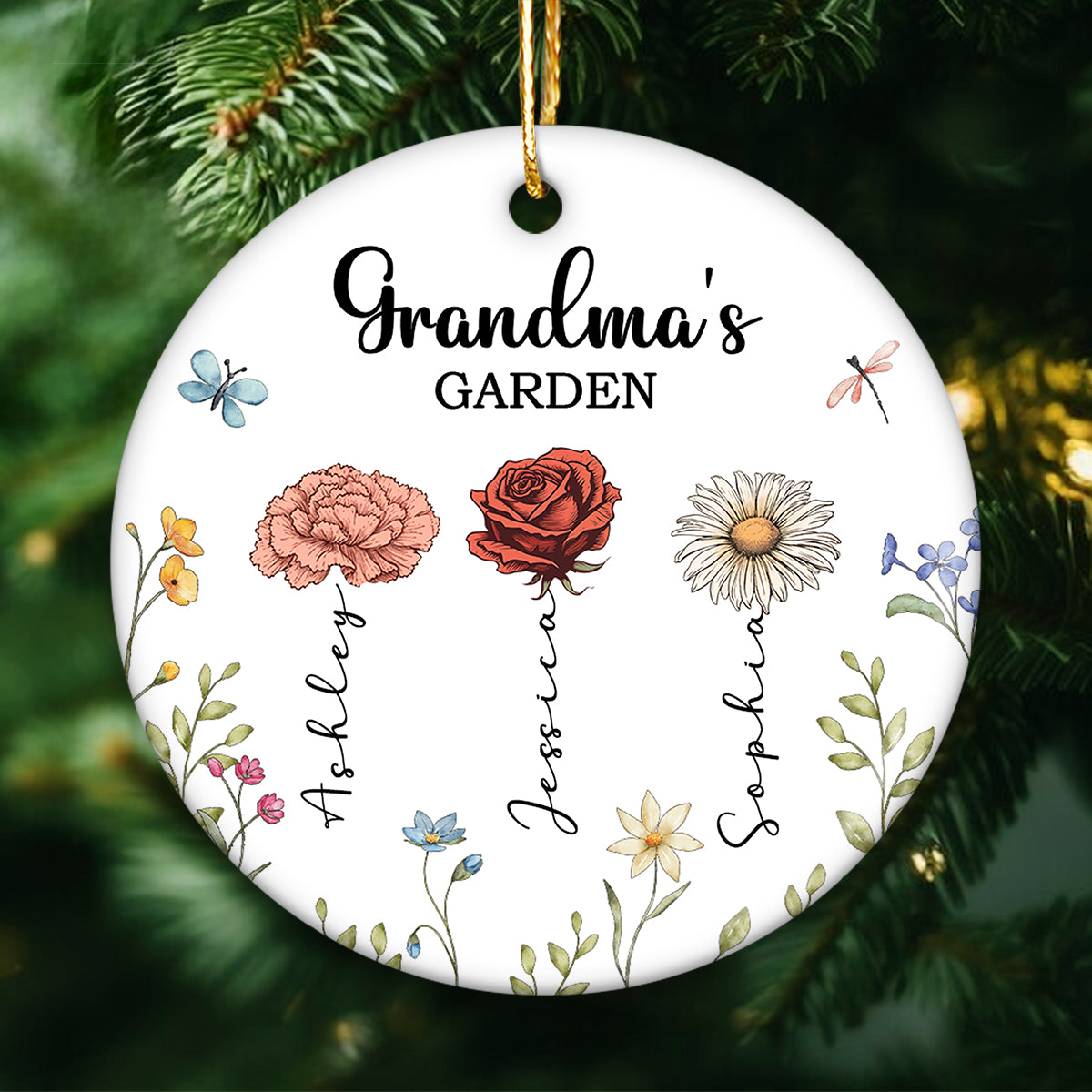 Grandma's Garden Personalized Ceramic Ornament, Christmas Gift For Grandma, Grandkids, Granddaughter, Grandson