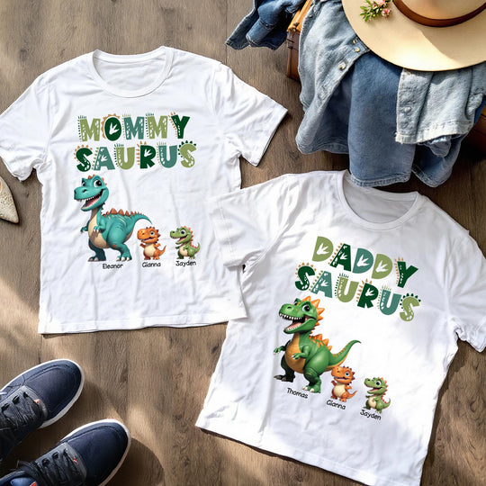 3D Effect Daddysaurus Mommysaurus Personalized Matching Shirts [Set Of 2 Shirts]