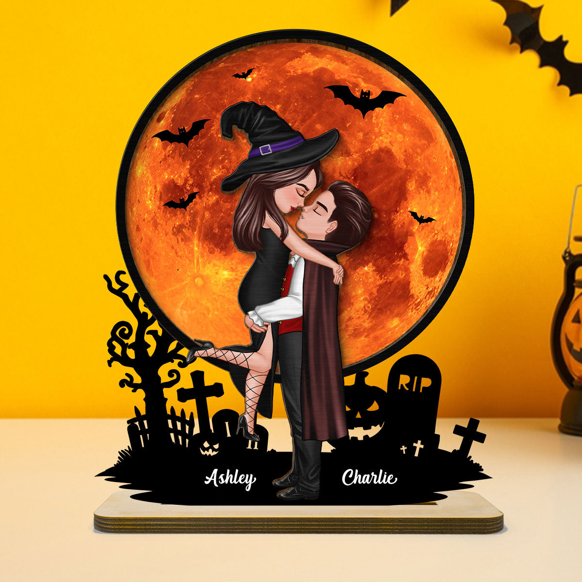 Couple Hugging Under Halloween Moon Tabletop Tier Tray Decor Personalized 2-Layer Standing Wooden Plaque