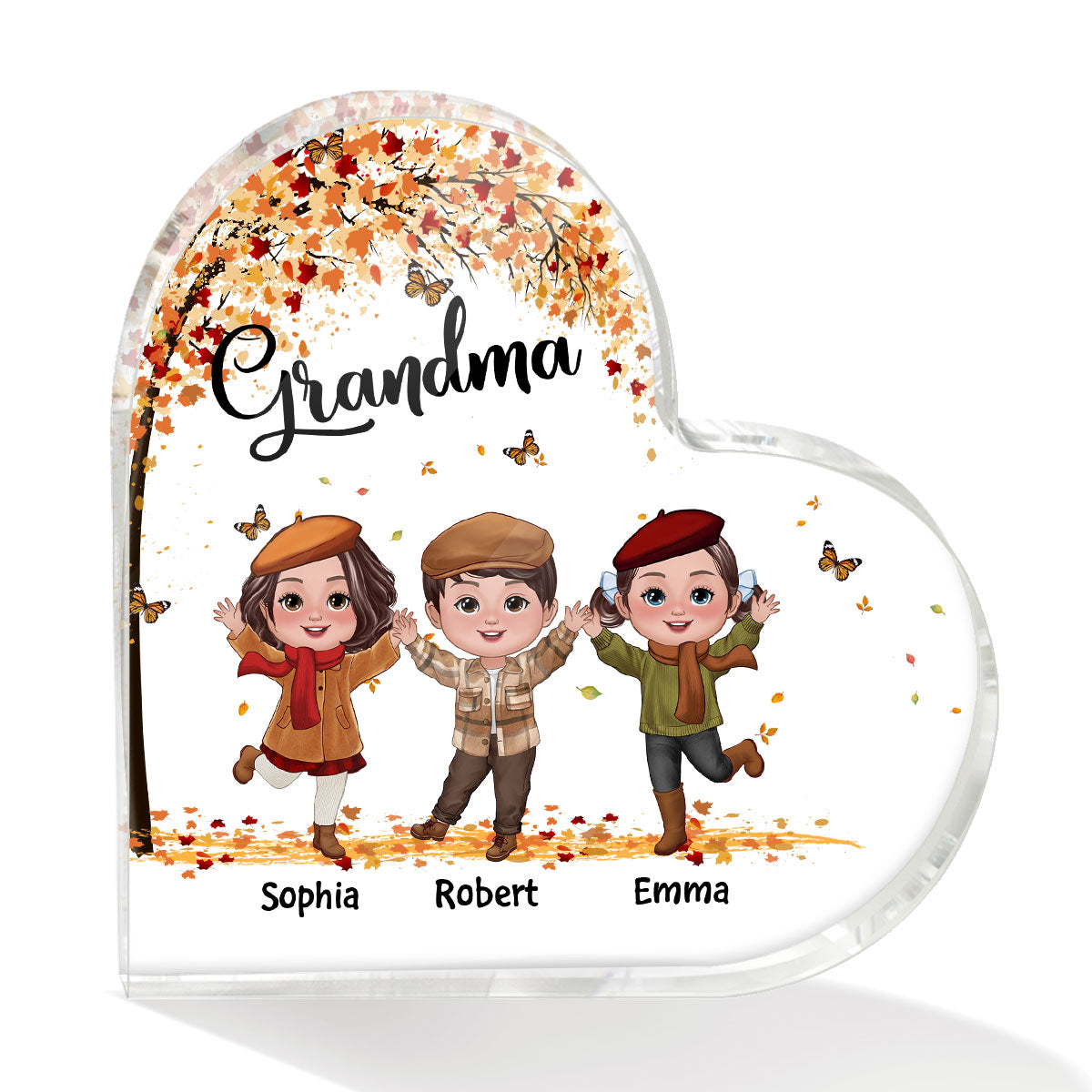 Happy Doll Kids Under Fall Tree Personalized Heart Acrylic Plaque