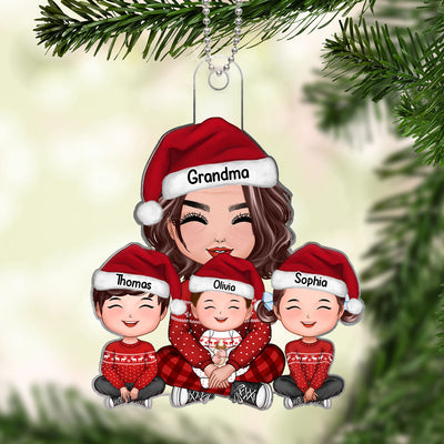 Grandma & Grandkids Sitting Crossed Legs Personalized Acrylic Ornament, Gift For Granddaughter Grandson